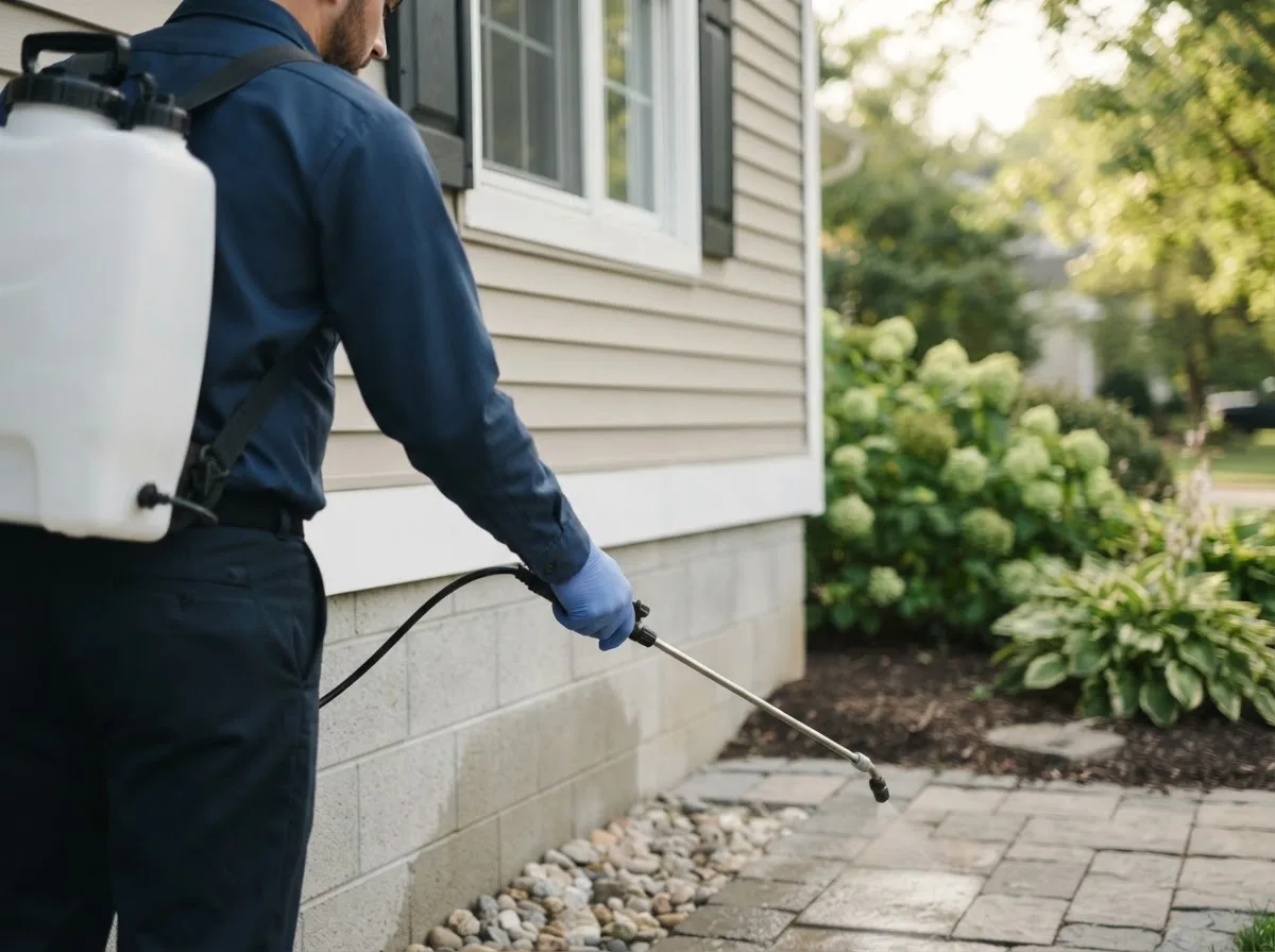 Pest control technician inspecting a home in Pomeroy, OH